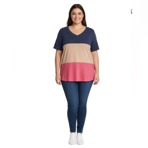 Blue Pink Tan Horizontal Block Stripe Plus 20W Lady Woman Short Sleeve Shirt Top